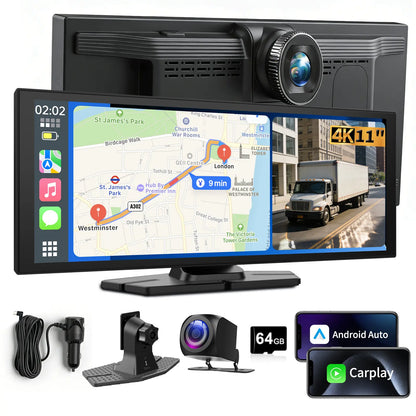 Conewvehicle 11.4“ Portable Apple Carplay Screen,Large Touch Screen,Car Stereo Wireless Carplay & Android Auto,4K Dash Cam,Supports Youtube/Netflix/Tiktok Apps with 1080P Parking Backup Camera, Mirror Link/Voice Control/Music Play/Gps Navigation