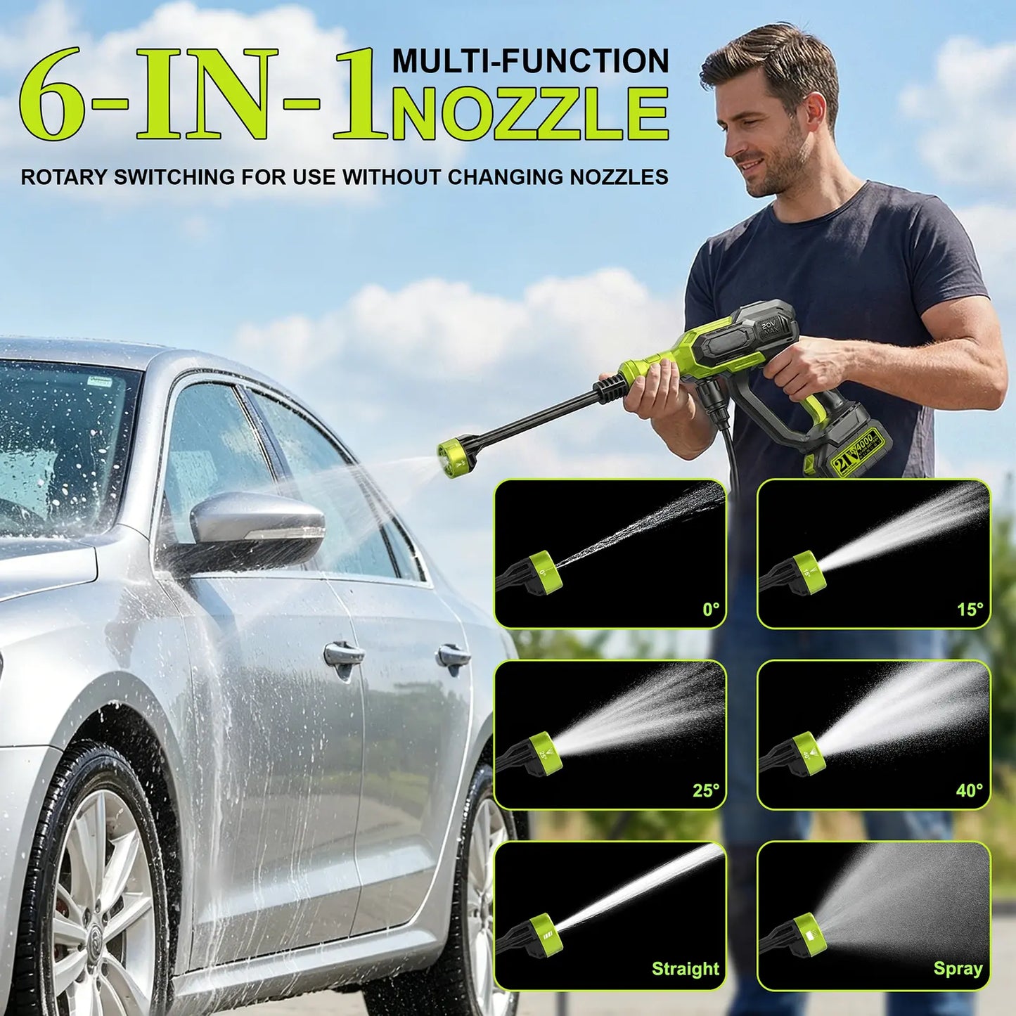 1300Psi Cordless Pressure Washer, Portable Power Washer with 6-In-1 Nozzle, 21V Hand Held Pressure Washer with Two Battery, Electric Power Cleaner for Car, Garden, Home