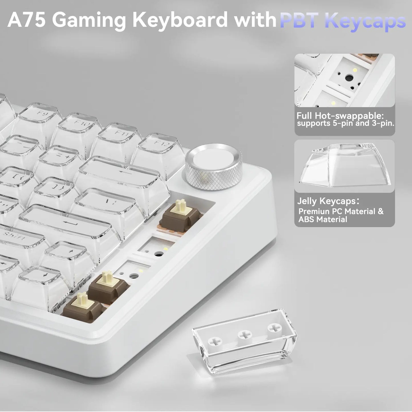 [New]Solakaka A75 Crystal White Wireless Keyboard, Cute RGB 75% Mechanical Keyboard, Tri-Mode Bluetooth/2.4G/Usb-C, Creamy Caramel Latte Linear Switch, Hot Swappable Aesthetic Keyboard for PC Mac Laptop