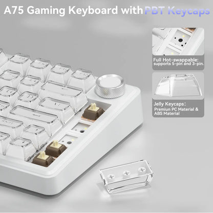 [New]Solakaka A75 Crystal White Wireless Keyboard, Cute RGB 75% Mechanical Keyboard, Tri-Mode Bluetooth/2.4G/Usb-C, Creamy Caramel Latte Linear Switch, Hot Swappable Aesthetic Keyboard for PC Mac Laptop