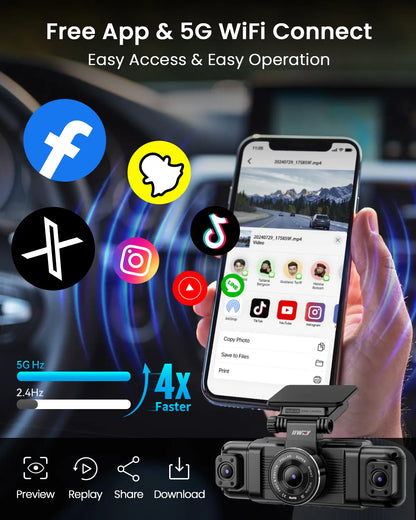 IIWEY N5 4-Channel 360° Dash Cam – Front Rear Left Right with Rotatable Side Cameras, 1080P + 8 IR Night Vision, 5G Wifi & App Control, G-Sensor, Parking Mode, Free 128GB SD Card