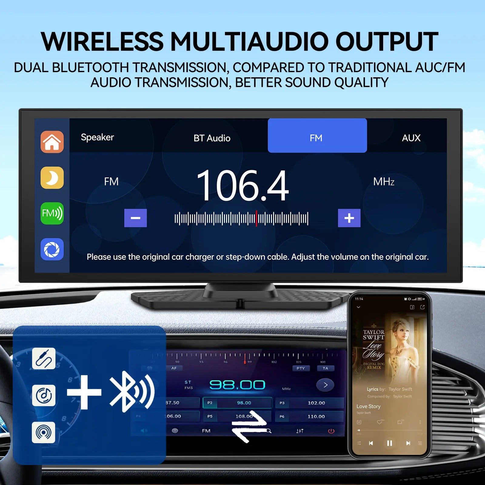 Conewvehicle 11.4“ Portable Apple Carplay Screen,Large Touch Screen,Car Stereo Wireless Carplay & Android Auto,4K Dash Cam,Supports Youtube/Netflix/Tiktok Apps with 1080P Parking Backup Camera, Mirror Link/Voice Control/Music Play/Gps Navigation