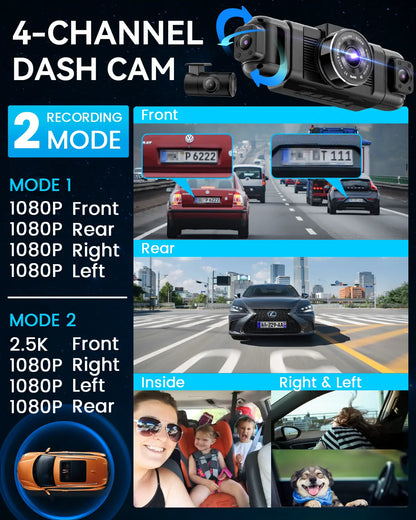 IIWEY N5 4-Channel 360° Dash Cam – Front Rear Left Right with Rotatable Side Cameras, 1080P + 8 IR Night Vision, 5G Wifi & App Control, G-Sensor, Parking Mode, Free 128GB SD Card