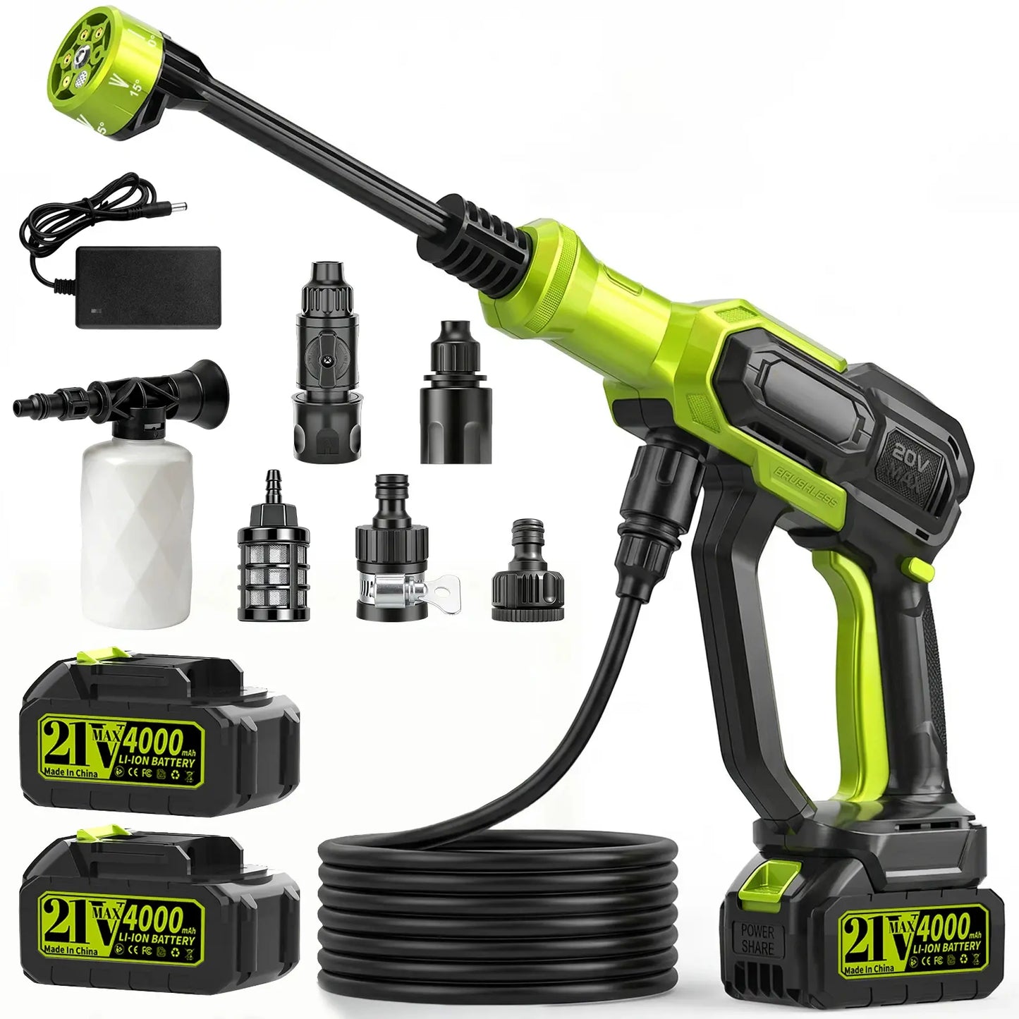 1300Psi Cordless Pressure Washer, Portable Power Washer with 6-In-1 Nozzle, 21V Hand Held Pressure Washer with Two Battery, Electric Power Cleaner for Car, Garden, Home