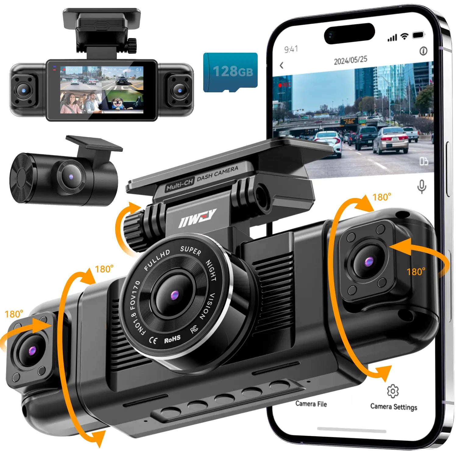 IIWEY N5 4-Channel 360° Dash Cam – Front Rear Left Right with Rotatable Side Cameras, 1080P + 8 IR Night Vision, 5G Wifi & App Control, G-Sensor, Parking Mode, Free 128GB SD Card