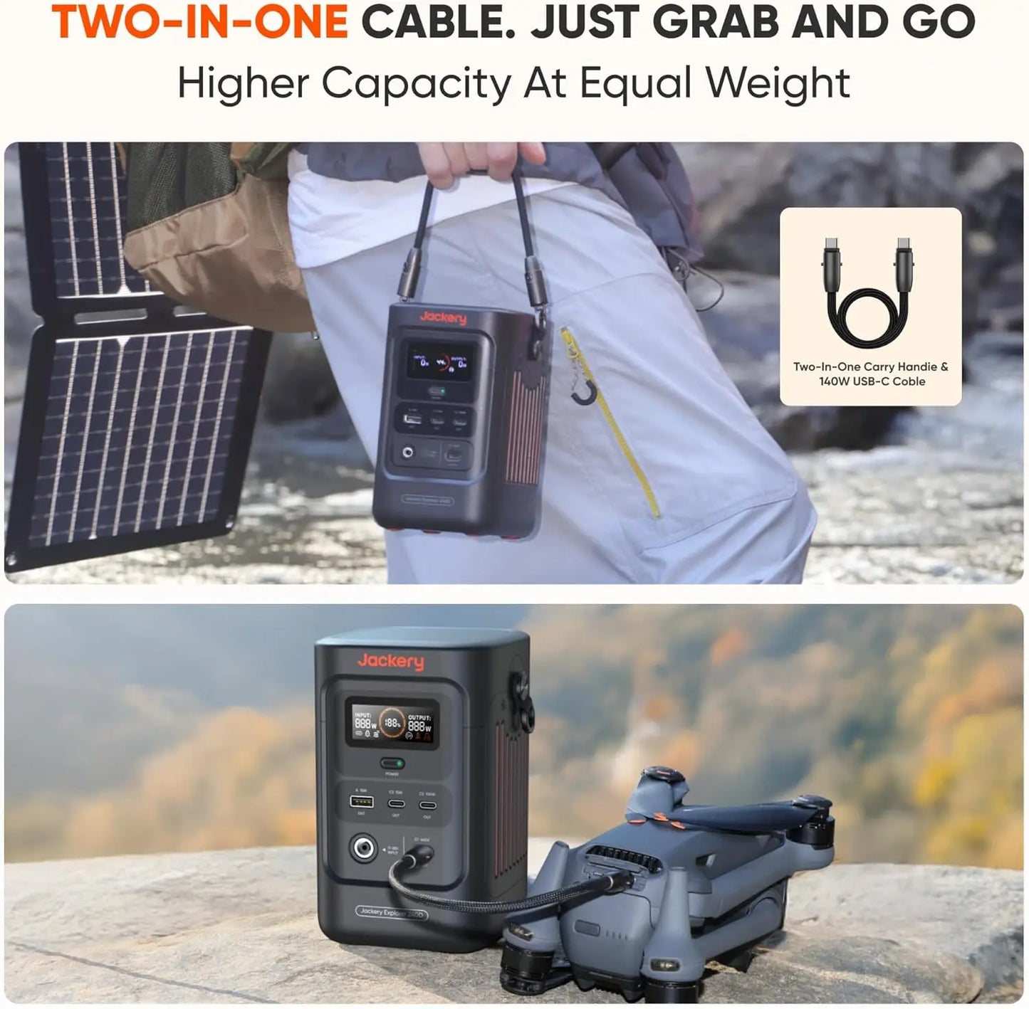 Jackery Explorer 240D Power Bank with Adjustable Strap, 256Wh Lifepo4 Battery Portable Power Station, 200W Pure DC Output, 3×USB-C & 1×USB-A Ports, 2-In-1 USB-C Strap Cable, Fast Charging for Outdoor, Travel & Emergencies