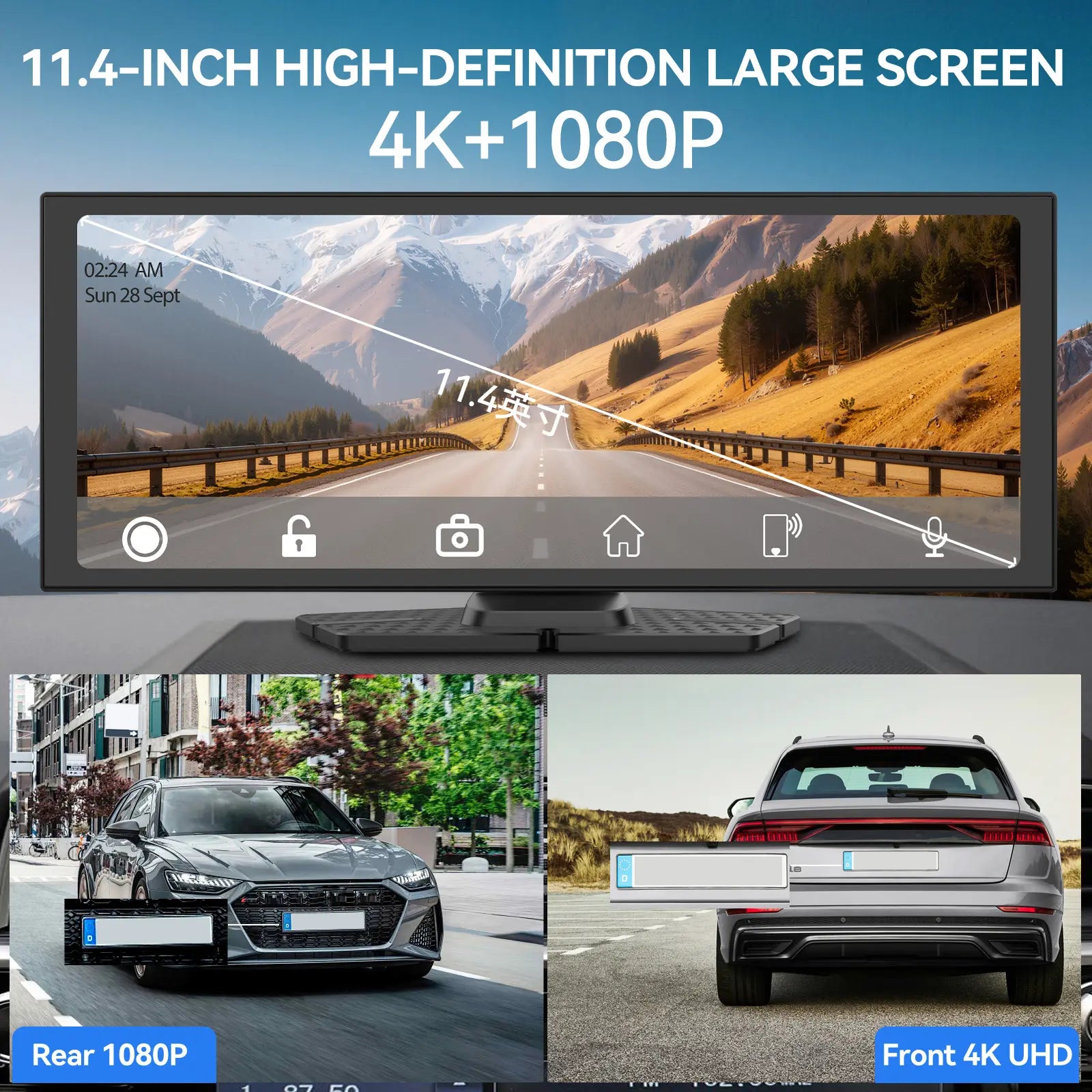 Conewvehicle 11.4“ Portable Apple Carplay Screen,Large Touch Screen,Car Stereo Wireless Carplay & Android Auto,4K Dash Cam,Supports Youtube/Netflix/Tiktok Apps with 1080P Parking Backup Camera, Mirror Link/Voice Control/Music Play/Gps Navigation