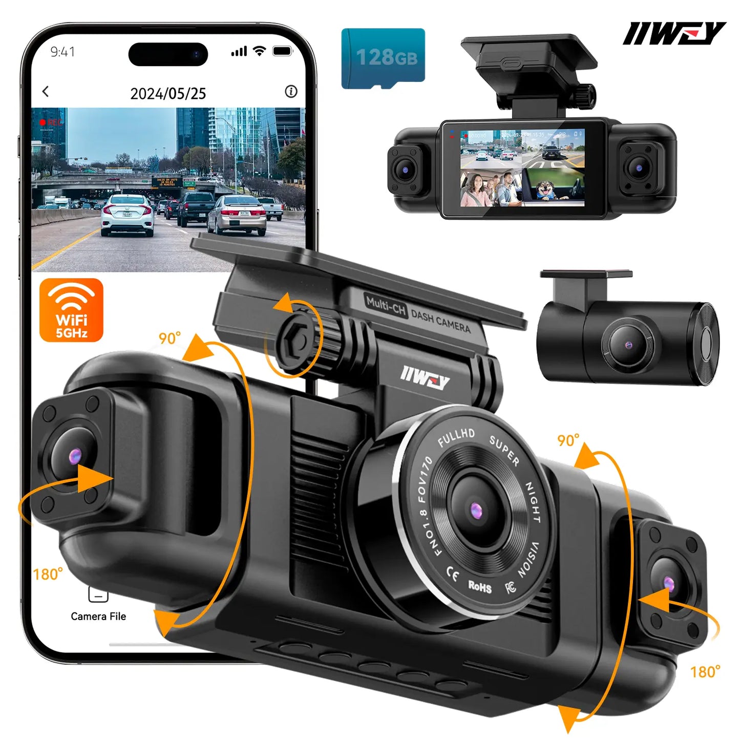 IIWEY N5 4-Channel 360° Dash Cam – Front Rear Left Right with Rotatable Side Cameras, 1080P + 8 IR Night Vision, 5G Wifi & App Control, G-Sensor, Parking Mode, Free 128GB SD Card