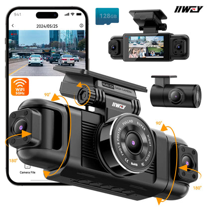 IIWEY N5 4-Channel 360° Dash Cam – Front Rear Left Right with Rotatable Side Cameras, 1080P + 8 IR Night Vision, 5G Wifi & App Control, G-Sensor, Parking Mode, Free 128GB SD Card