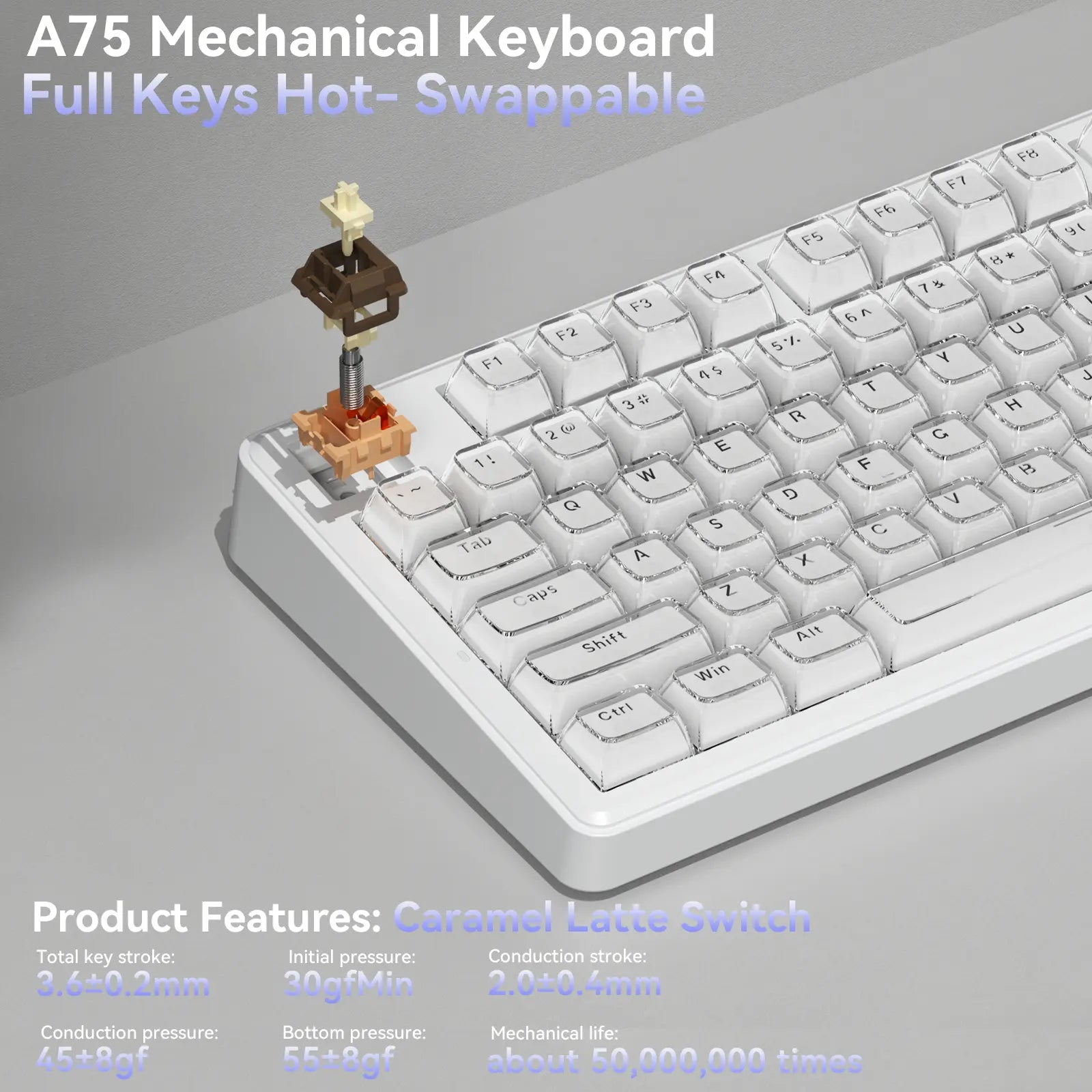 [New]Solakaka A75 Crystal White Wireless Keyboard, Cute RGB 75% Mechanical Keyboard, Tri-Mode Bluetooth/2.4G/Usb-C, Creamy Caramel Latte Linear Switch, Hot Swappable Aesthetic Keyboard for PC Mac Laptop