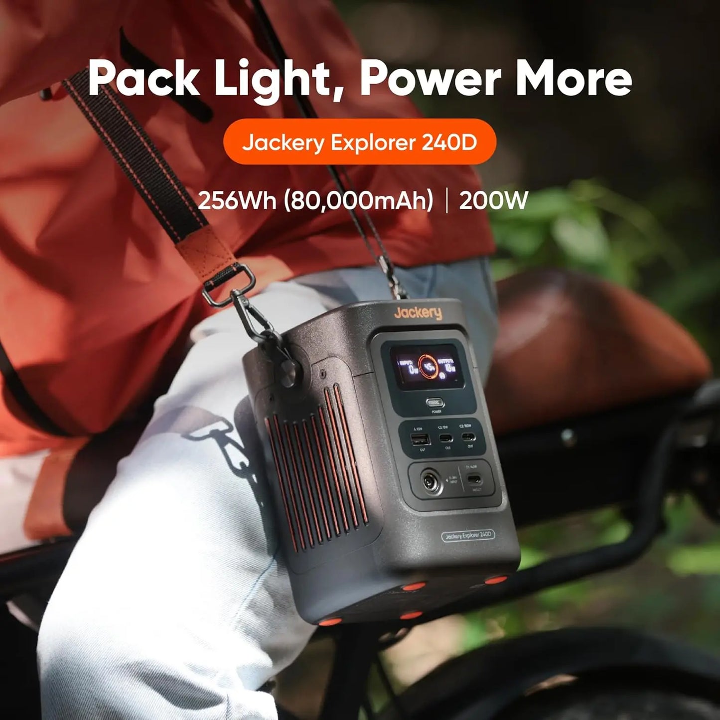 Jackery Explorer 240D Power Bank with Adjustable Strap, 256Wh Lifepo4 Battery Portable Power Station, 200W Pure DC Output, 3×USB-C & 1×USB-A Ports, 2-In-1 USB-C Strap Cable, Fast Charging for Outdoor, Travel & Emergencies