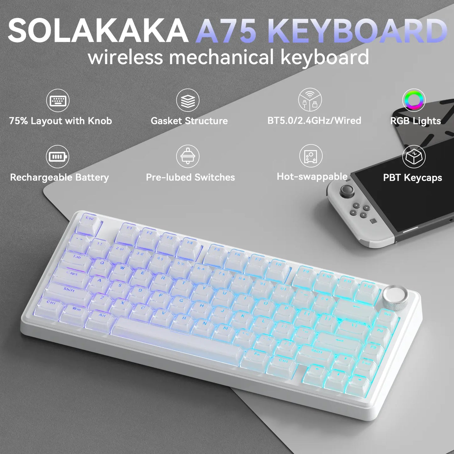 [New]Solakaka A75 Crystal White Wireless Keyboard, Cute RGB 75% Mechanical Keyboard, Tri-Mode Bluetooth/2.4G/Usb-C, Creamy Caramel Latte Linear Switch, Hot Swappable Aesthetic Keyboard for PC Mac Laptop