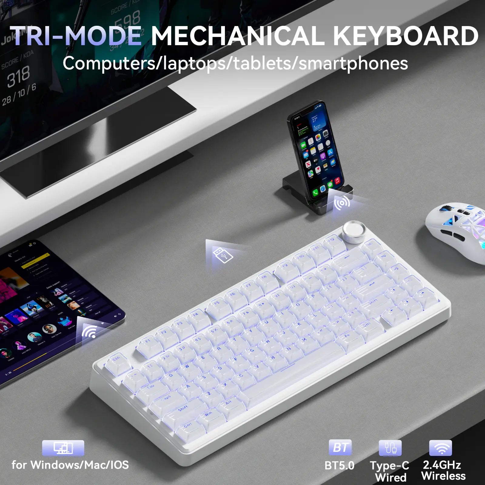 [New]Solakaka A75 Crystal White Wireless Keyboard, Cute RGB 75% Mechanical Keyboard, Tri-Mode Bluetooth/2.4G/Usb-C, Creamy Caramel Latte Linear Switch, Hot Swappable Aesthetic Keyboard for PC Mac Laptop