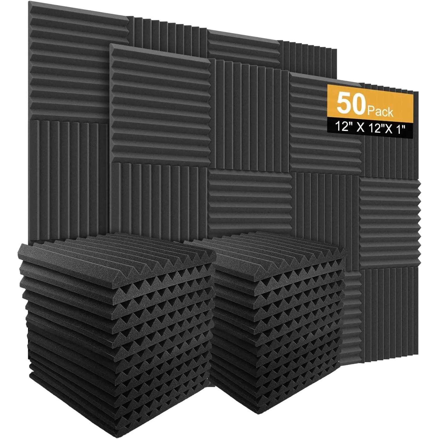 50 Pack Acoustic Panels Soundproof Studio for Walls Sound Absorbing Panels Sound Insulation Wedge for Studio, 1" X 12" X 12" (Black)
